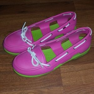 Crocs pink and lime boat shoes